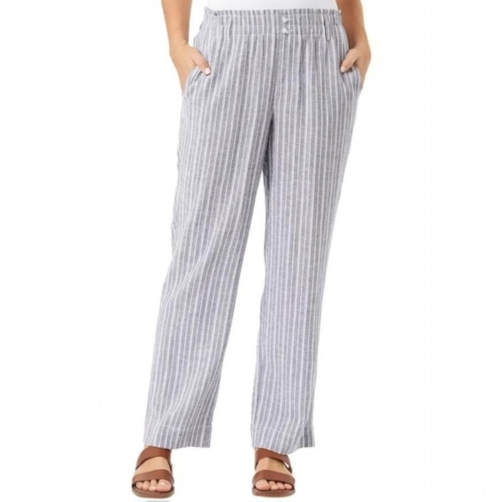 BRIGGS Linen Blend Blue and White Striped High Rise Straight Leg Relaxed Pants